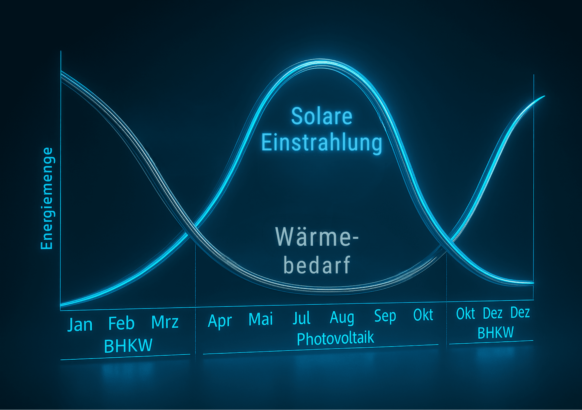 Diagramm zeigt den Jahresverlauf von Solarer Einstrahlung und Wärmebedarf – Photovoltaik liefert Energie im Sommer, das BHKW übernimmt in den Wintermonaten.